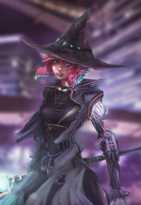 Cyborg witch with cauldron
